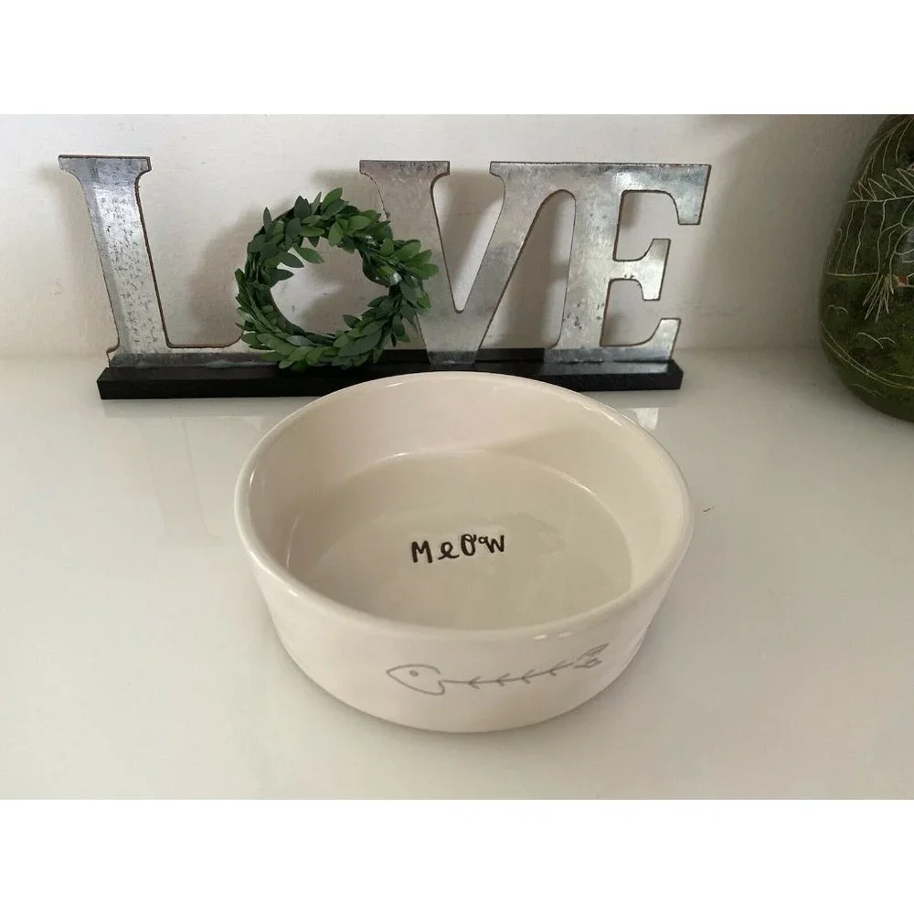 Artisan Rae Dunn Meow White Black Ceramic Cat Bowl Pet‎ Food Dish 5